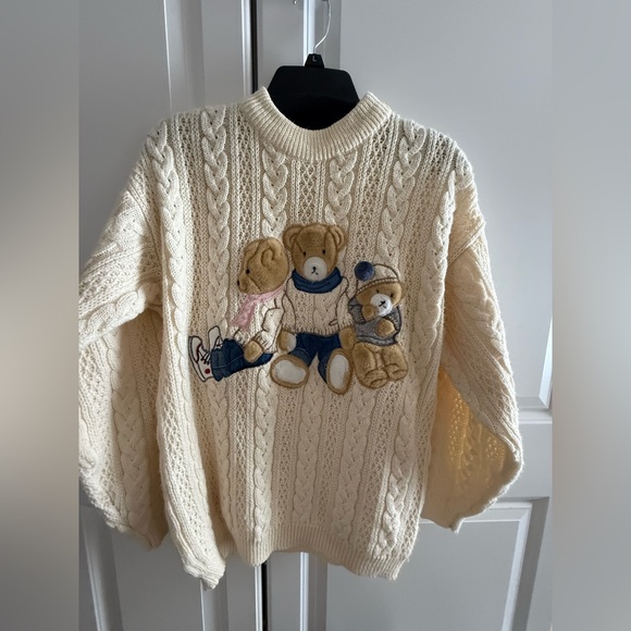 Together Sweaters - VTG Together! Sweater med Cream Embroidered Teddy Bear Wool Cable Knit 90s